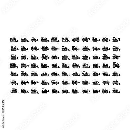 Large collection of black excavator icons and earthmoving equipment