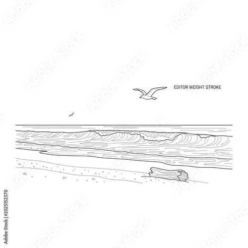 Minimalist ocean seascape line art illustration with seascape, minimalist