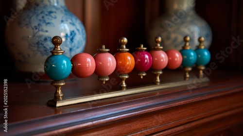 Colorful Decorative Objects on Wooden Shelf with Vintage Vases