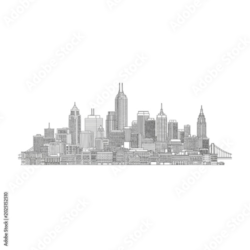 Detailed line drawing of metropolitan city skyline with skyscrapers, skyscraper
