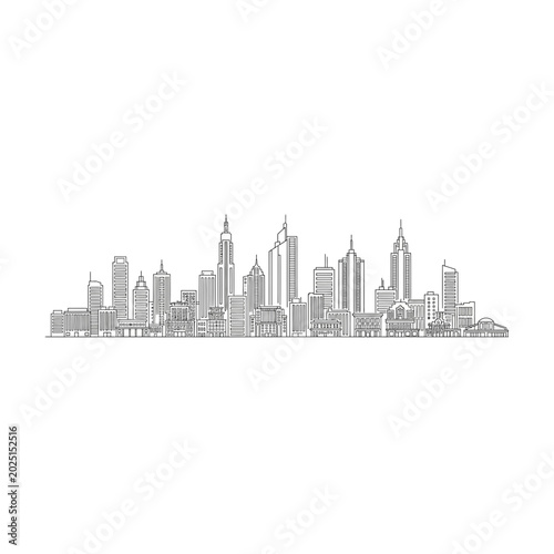 Linear sketch illustration of modern urban city skyline silhouette with building
