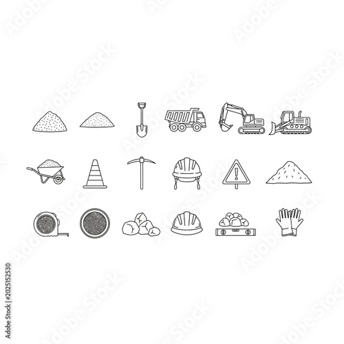 Collection of construction tools and earthwork equipment icons with construction