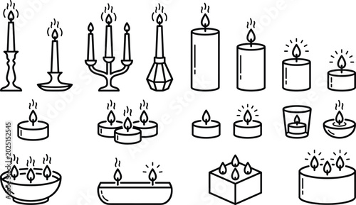 Quadro su tela Outline Candle Icons Set with Candlestick Holder Tealight Pillar Floating Bowl a
