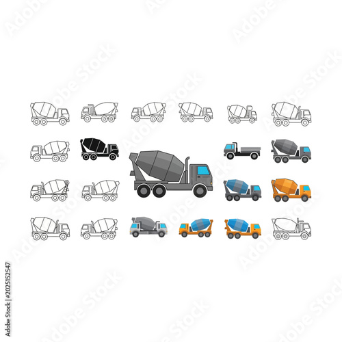 Collection of cement mixer truck icons and illustrations with ready mix