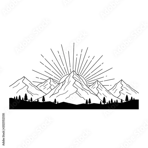 Hand drawn mountain range landscape with sunburst effect, black and white
