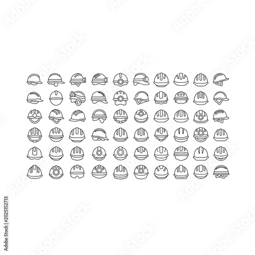 Black silhouette construction safety helmet icons set with construction