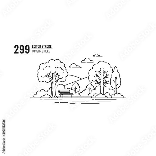 Black and white line art park landscape with bench monochrome minimalist