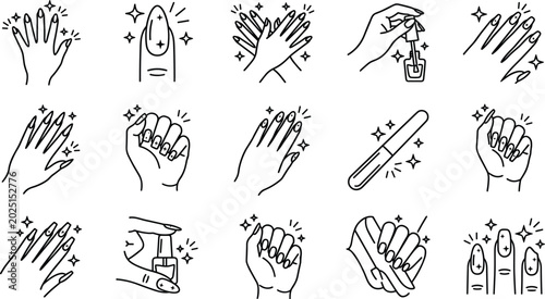 Outline Female Hands Nail Care and Manicure Icons Set with Polish File Sparkle Fist and Gesture Beauty Vector