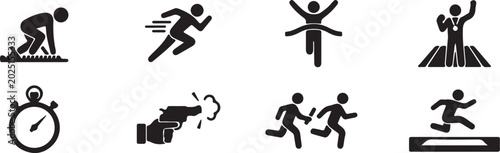 Running and fitness icons set black and white vector illustration