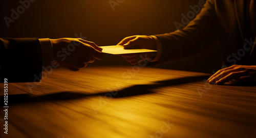 Hand giving envelope to a man in a suit across a table. Secret transaction occurring in dramatic low-key lighting. Bribery and corruption concept for political scandal or corporate crime visuals.