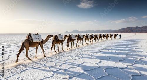 Caravan of camels walking across a salt flat under a vast sky.