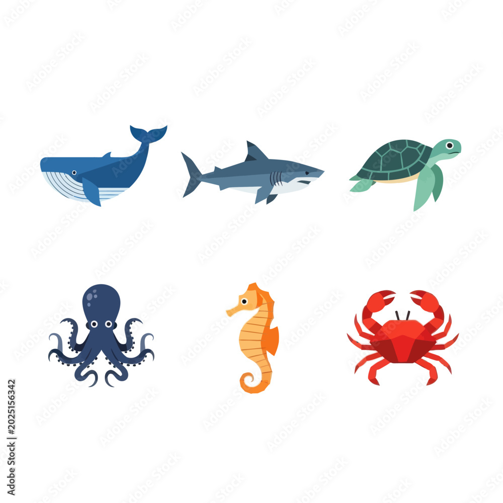 Fototapeta premium Collection of Six Diverse Marine Animals in Flat Design Style.