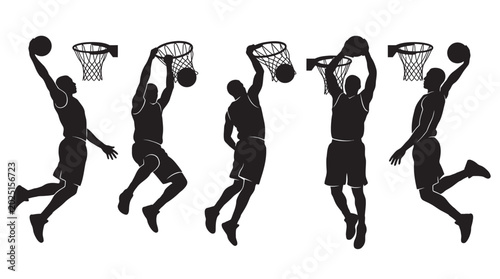 Schilderij op canvas Basketball players dunking and shooting dynamic action silhouette