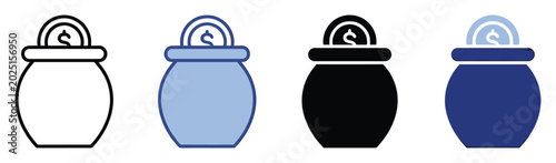 Set of money jar icons symbolizing financial savings, treasure, and investment concepts