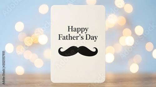 Happy Father's Day greeting card with black mustache design on white background with bokeh lights