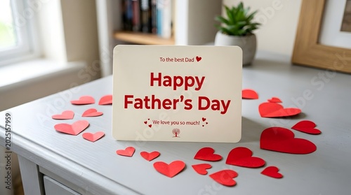 Handmade Father's Day greeting card with red hearts on wooden table near window with natural light
