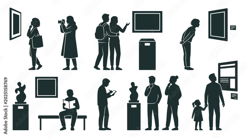 Fototapeta premium museum visitors silhouettes observing art exhibits silhouette