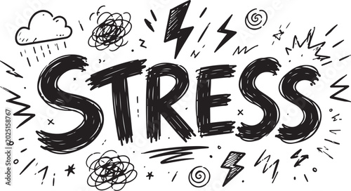 Hand drawn stress word with scribbles and lightning bolt doodles representing mental pressure and anxiety in a messy creative sketch style