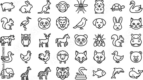 Canvas Print Animals and Wildlife Line Icon Set with Zoo Fauna and Domestic Pet Symbols for N