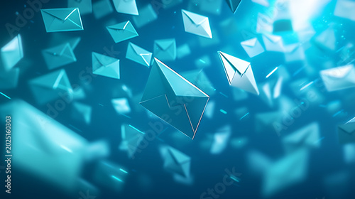 Abstract Digital Envelopes Flying Through Blue Light Representing Modern Communication Concept.