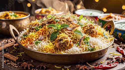 Steaming hot chicken biryani with saffron-infused basmati rice, garnished with fresh mint and fried onions, served in a traditional bronze pan on a wooden platter with spices.