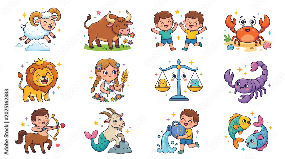Fototapeta premium Collection of zodiac signs illustrated as cute cartoon characters on transparent background. Set of twelve astrology symbols for children horoscopes, stickers, and educational design.
