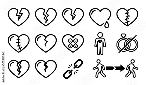 Tableau sur toile Heartbreak and relationship issues line icons collection