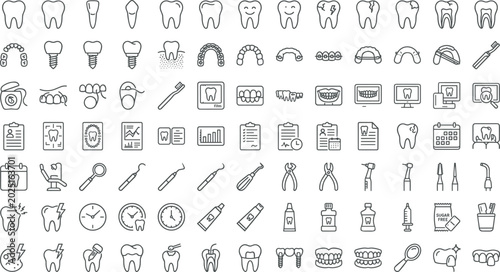 Photography Dental Care Icon Set with Teeth Hygiene Outline Symbols for Dentist Clinic Websi