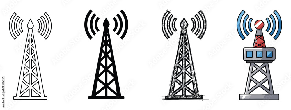 Fototapeta premium Set of wireless tower icons radiating signals for telecommunication networks