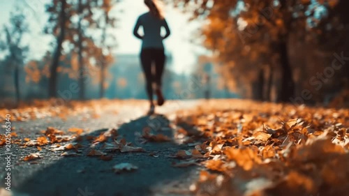Woman jogging on a leaf-covered path in autumn