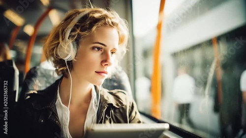 Woman listening to music on a bus, city view outside
