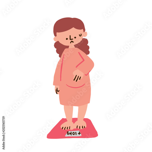 An illustration of a woman who steps on a scale and thinks she's gained weight