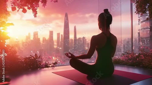 Woman meditating at sunset in urban skyline view