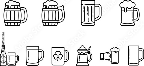 Εκτύπωση καμβά Beer Mug and Glass Icon Set with Barrel Mug Bottle and Stein Outline Vector Coll