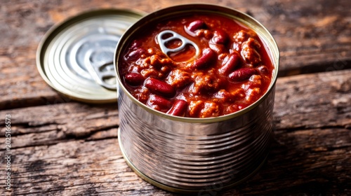 Open can of chili with beans on rustic wooden surface
