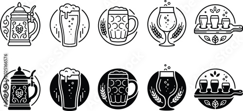 Tableau sur toile Beer Circle Badge Icon Set with Stein Glass Mug and Shelf Outline and Solid Vect