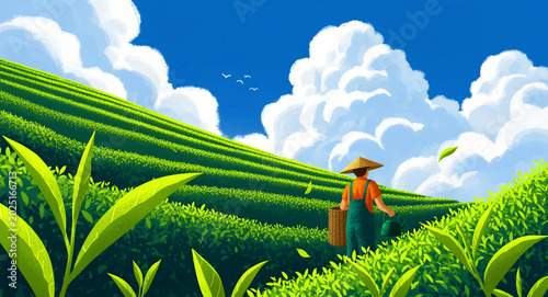 Farmer walking through a lush green tea plantation. Worker with a basket through rows of tea bushes under a bright sky. Sustainable tea harvest and organic farming concept for beverage marketing.