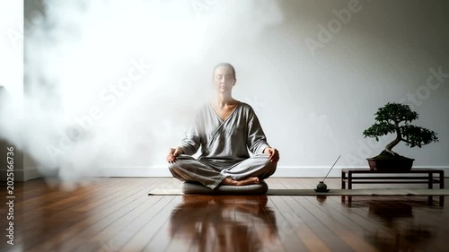 Woman Meditating in Minimalist Room with Bonsai Tree