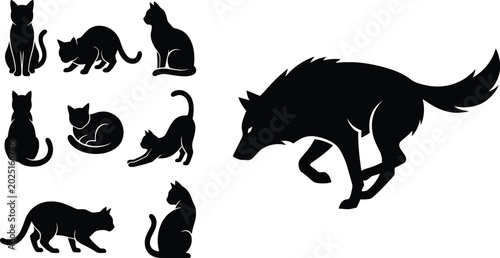 Tableau sur toile Cat and Wolf Silhouette Set with Various Poses Sitting Sleeping and Running Blac