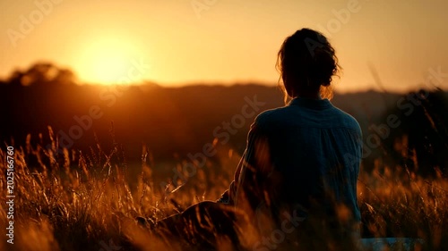 Woman Meditating in Golden Sunset Over Field