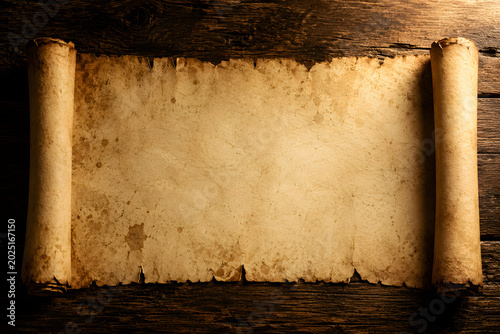 A blank ancient scroll opened on a black wooden plank. Unrolled ancient papyrus scroll with rough torn edges rests on dark wooden planks.