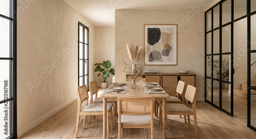 A modern dining room with a light wood table set for a meal, surrounded by cane-backed chairs. 