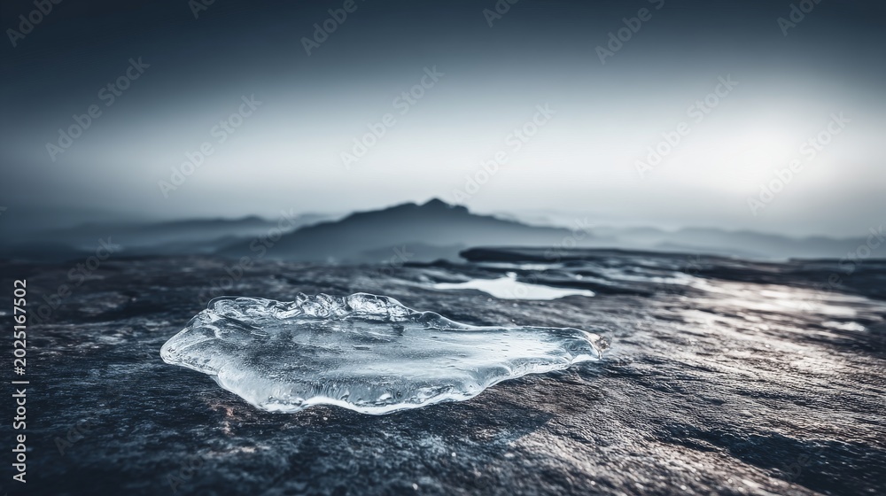 Fototapeta premium Reflection of Ice on Rock Surface Against Misty Mountain Landscape