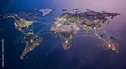 Global connectivity network connecting continents with bright city lights during night