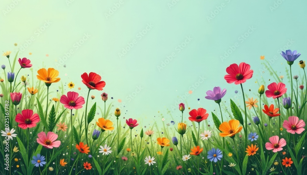 Fototapeta premium Colorful meadow of flat herbarium wildflowers on a natural background, plant study, yellow