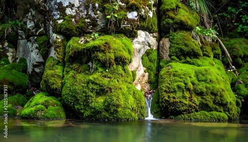 A serene natural scene with mossy rocks and a small waterfall