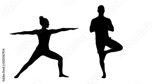 Billede på lærred Black silhouettes of man and woman practicing yoga isolated on transparent backg