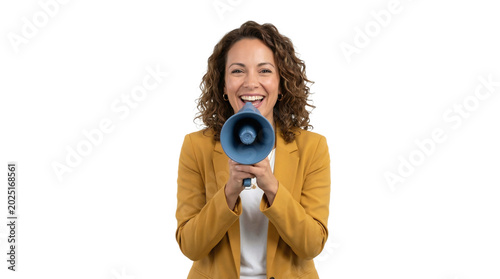 Happy woman shouting through megaphone, isolated on transparent background.