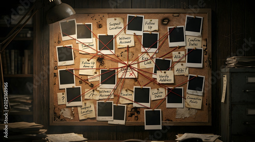 Pinning white pictures with red thread to the detective investigation board. Detective evidence board with blank papers, empty photo frame pinned to corkboard.