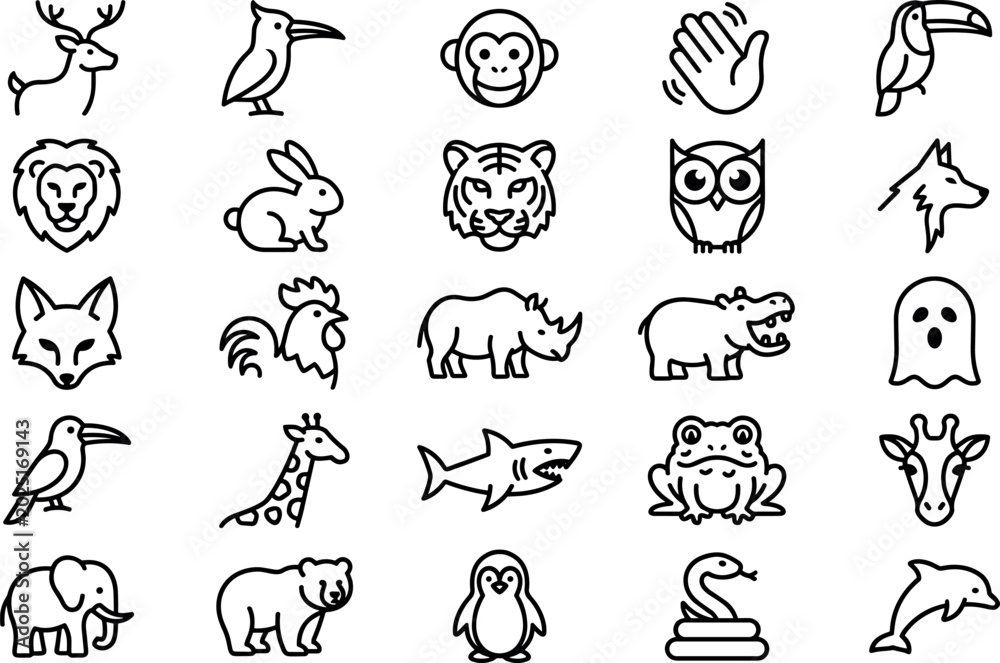 Fototapeta premium Animals and Wildlife Line Icon Set with Zoo Fauna Outline Symbols for Kids Educational Apps